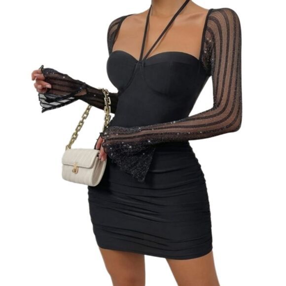 SHEIN CURVE Backless Holiday Party Dress Contrast Mesh Halter Bodycon Dress - Picture 2 of 11